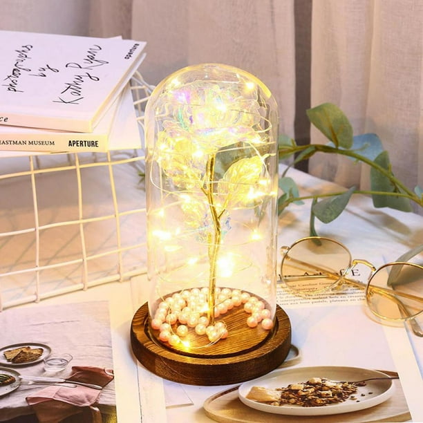 Light Up Artificial Rose Flower Luminous Colorful Flower with LED Light String in Glass Dome Gift for Women On Mother's Day Thanksgiving Valentine's Day Birthday Party 